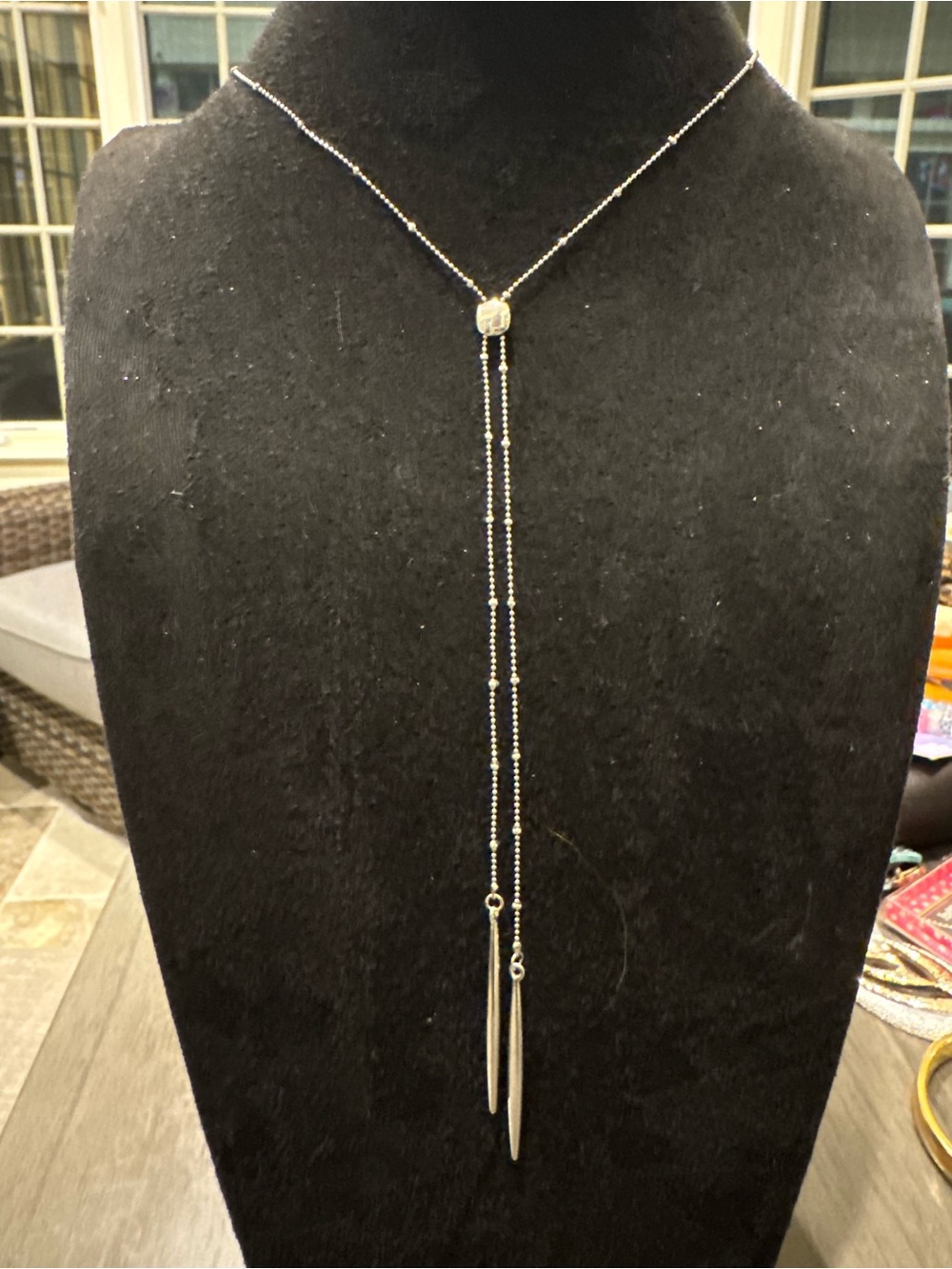 Silver Tone Y Lariat Necklace Long Drop Dangle Bolo Style Adjustable Chain